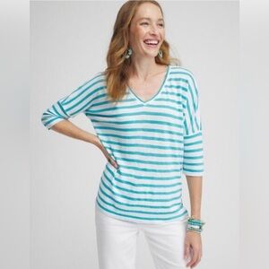 Chico’s Linen Turquoise & White Striped Pullover Blouse Size 3 = XL Tunic Top